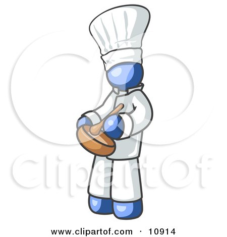 Blue Baker Chef Cook in Uniform and Chef's Hat, Stirring Ingredients in a Bowl Clipart Illustration by Leo Blanchette