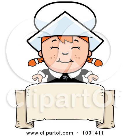 Clipart Happy Pilgrim Girl Over A Blank Banner - Royalty Free Vector Illustration by Cory Thoman