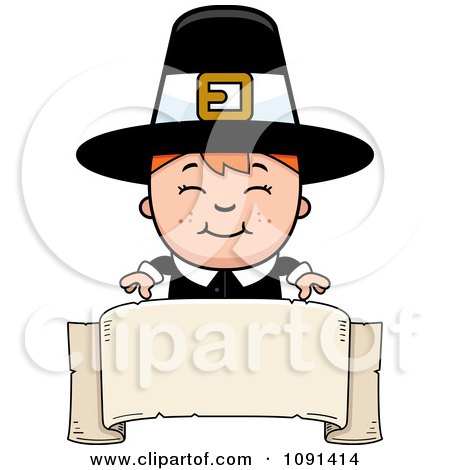 Clipart Happy Pilgrim Boy Over A Blank Banner - Royalty Free Vector Illustration by Cory Thoman