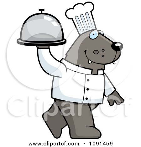 Clipart Wolf Chef Walking With A Platter - Royalty Free Vector Illustration by Cory Thoman