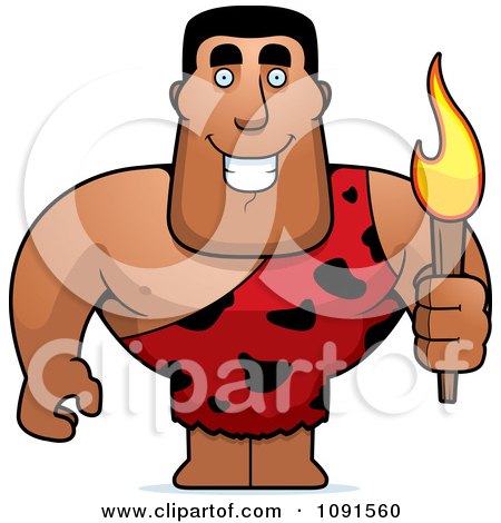 Clipart Buff Caveman Holding A Torch - Royalty Free Vector Illustration by Cory Thoman