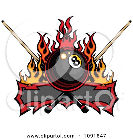 Clipart Flaming Billiards Eight Ball Banner With Que Sticks - Royalty Free Vector Illustration by Chromaco