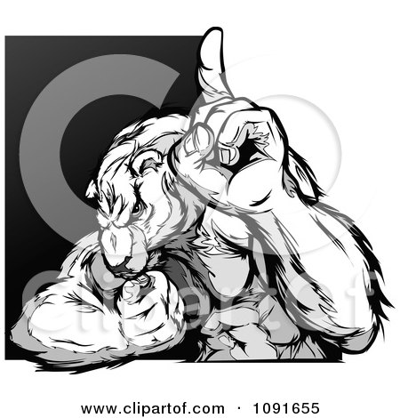 Clipart Grayscale Polar Bear Champion Mascot Flexing And Holding Up A Finger - Royalty Free Vector Illustration by Chromaco