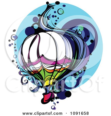 Clipart Colorful Hot Air Balloon With Wind And Bubbles Over Blue - Royalty Free Vector Illustration by Chromaco
