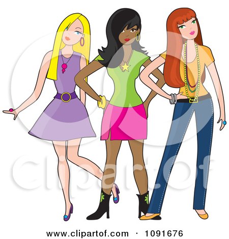 Clipart Three Fashionable Young Ladies Posing - Royalty Free Vector Illustration by Maria Bell