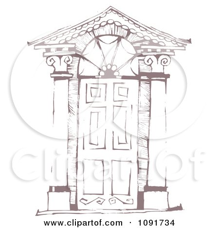 Clipart Brown Sketched Door With Columns - Royalty Free Vector Illustration by Steve Klinkel