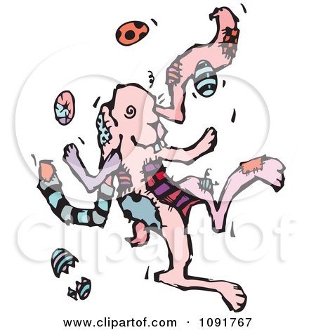 Clipart Pink Patchwork Bunny Juggling Easter Eggs - Royalty Free Vector Illustration by Steve Klinkel
