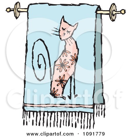 Clipart Blue Floral Cat Bath Towel On A Rack - Royalty Free Vector Illustration by Steve Klinkel
