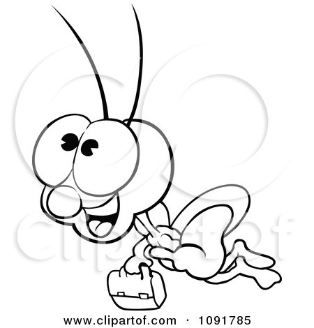 Clipart Black And White Happy Bug Flying With A Tool Box - Royalty Free Vector Illustration by dero
