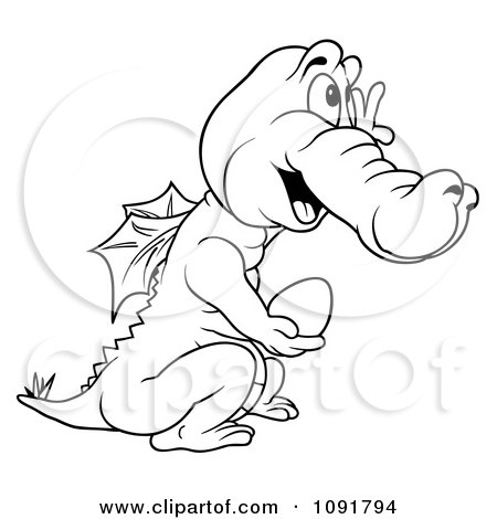 Clipart Black And White Dragon Holding An Egg - Royalty Free Vector Illustration by dero
