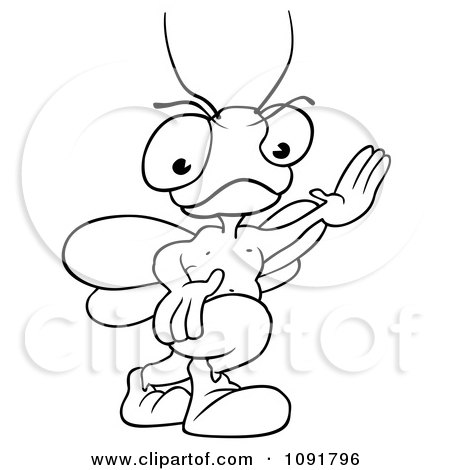 Clipart Black And White Grumpy Bug Gesturing To Stop - Royalty Free Vector Illustration by dero