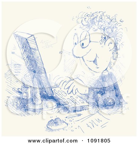 Clipart Blue Ink Sketched Man Working On A Desktop Computer - Royalty Free Vector Illustration by Alex Bannykh