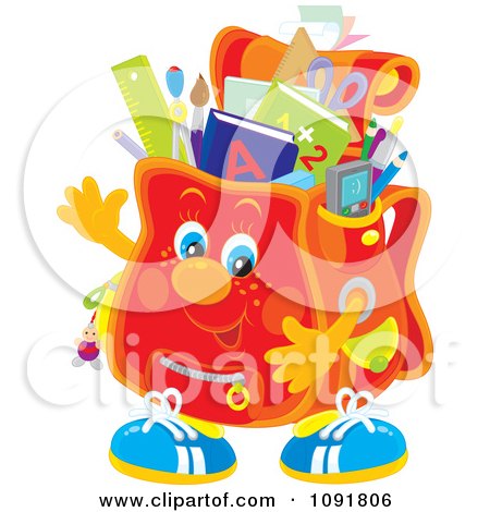 Clipart Waving Backpack Full Of Supplies - Royalty Free Vector Illustration by Alex Bannykh