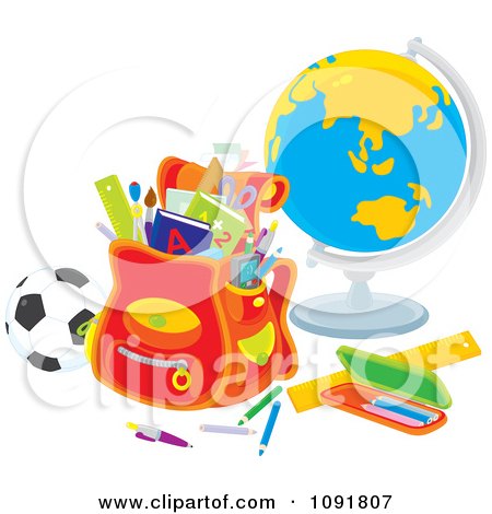 Clipart Backpack With A Soccer Ball Globe And School Supplies - Royalty Free Vector Illustration by Alex Bannykh