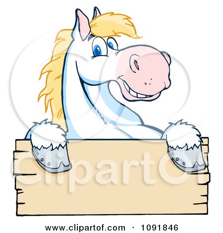 Clipart Happy White And Blond Horse Over A Wooden Sign - Royalty Free Vector Illustration by Hit Toon