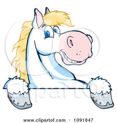 Clipart Happy White And Blond Horse Over A White Sign - Royalty Free Vector Illustration by Hit Toon