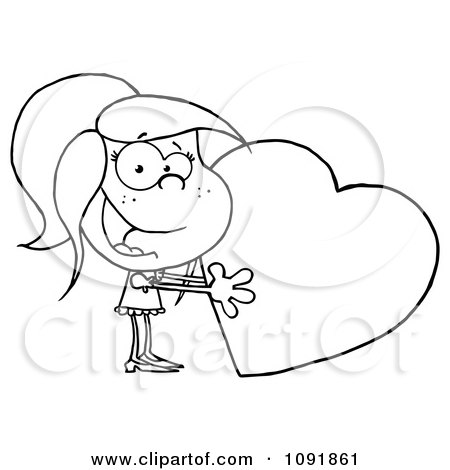 Clipart Outlined Girl Holding A Valentine Heart - Royalty Free Vector Illustration by Hit Toon