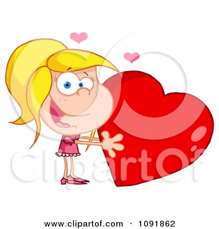 Clipart Blond Girl Holding A Shiny Red Valentine Heart - Royalty Free Vector Illustration by Hit Toon