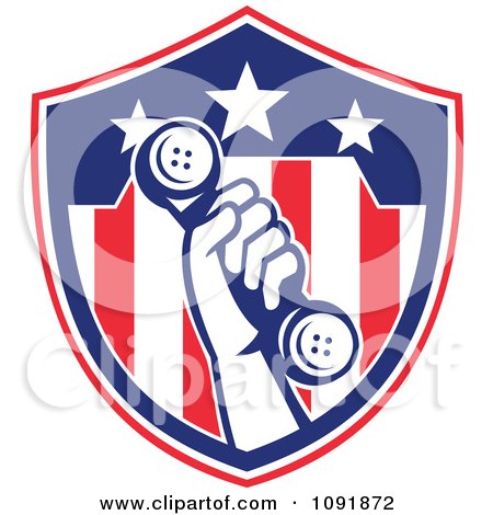 Clipart Retro Hand Holding A Phone Up Over An American Flag Shield - Royalty Free Vector Illustration by patrimonio