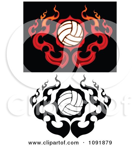 Clipart Fire Engulfed Volleyballs In Color And Black And White - Royalty Free Vector Illustration by Chromaco