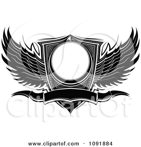 Clipart Black And White Ornate Wings Wwith A Shield And Banner - Royalty Free Vector Illustration by Chromaco
