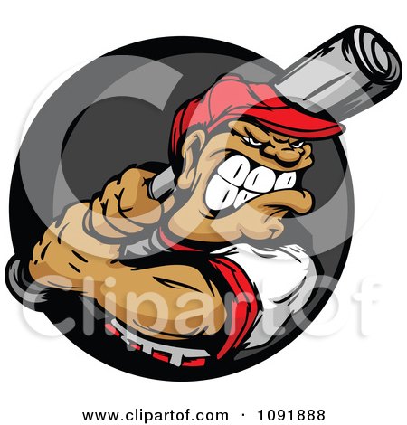 Clipart Buff Baseball Athlete Ready To Swing A Bat Over A Gray And Black Circle - Royalty Free Vector Illustration by Chromaco