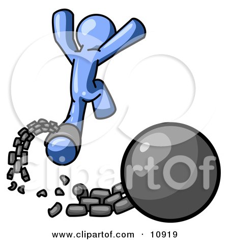 Blue Man Jumping For Joy While Breaking Away From a Ball and Chain, Getting a Divorce Clipart Illustration by Leo Blanchette