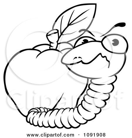 Clipart Outline Of A Mad Worm And Apple - Royalty Free Vector Illustration by dero