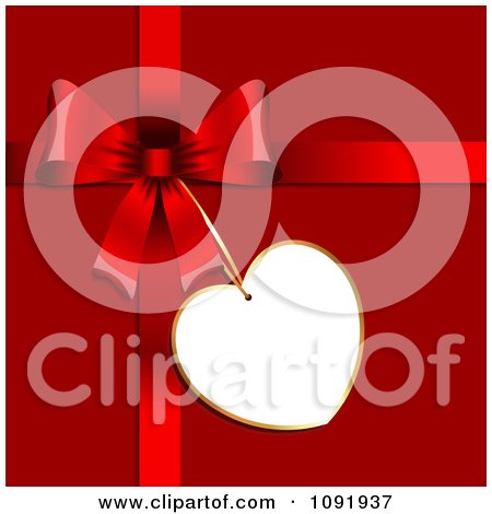 Clipart 3d Blank Heart Gift Tag Tied To A Bow On Red - Royalty Free Vector Illustration by KJ Pargeter