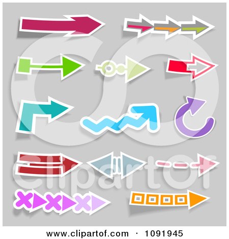 Clipart Colorful And White Outlined Arrows On Gray - Royalty Free Vector Illustration by KJ Pargeter