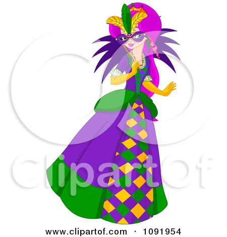 Clipart Mardi Gras Woman Holding A Mask Over Her Face - Royalty Free Vector Illustration by Pushkin