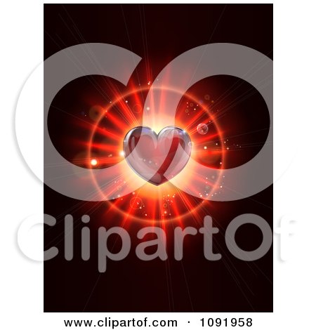 Clipart 3d Red Heart Over A Burst On Black - Royalty Free Vector Illustration by AtStockIllustration