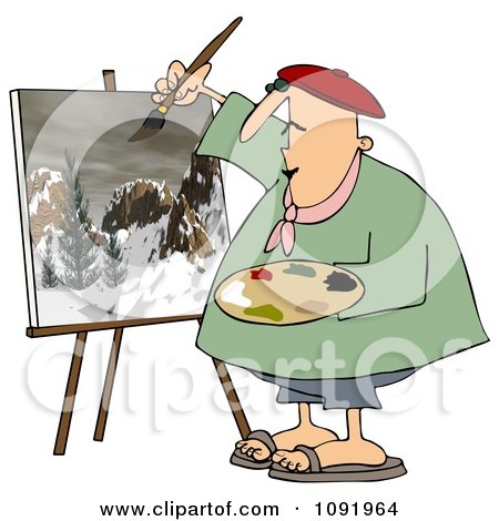 Clipart Chubby Artist Painter Working On A Winter Mountain Scene - Royalty Free Vector Illustration by djart