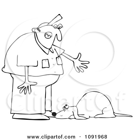 Clipart Outlined Man Yelling At A Bad Dog - Royalty Free Vector Illustration by djart