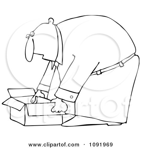 Clipart Outlined Businessman Bending Over To Pick Up An Open Box - Royalty Free Vector Illustration by djart