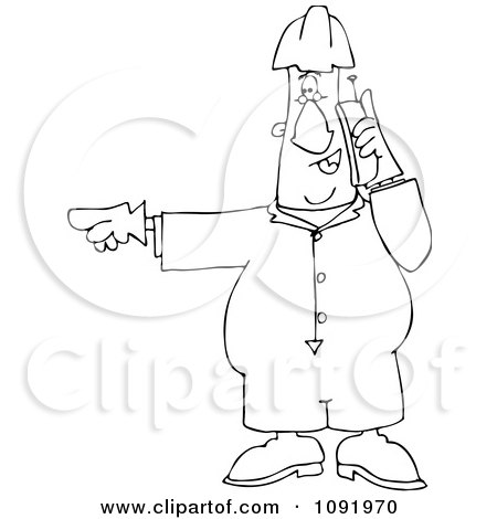 Clipart Outlined Worker Pointing Left And Talking On A Cell Phone - Royalty Free Vector Illustration by djart