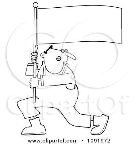Clipart Outlined Man Shouting And Carrying A Flag - Royalty Free Vector Illustration by djart