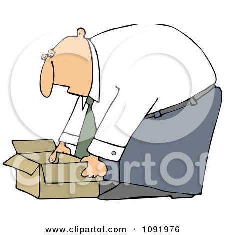 Clipart Business Man Bending Over To Pick Up An Open Box - Royalty Free Vector Illustration by djart
