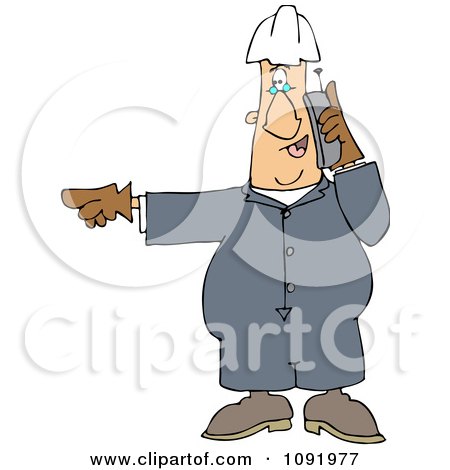 Clipart Worker Pointing Left And Talking On A Cell Phone - Royalty Free Vector Illustration by djart