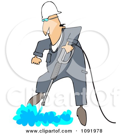 Clipart Worker Being Propelled Upwareds While Pressure Washing The Ground - Royalty Free Vector Illustration by djart