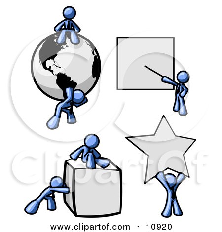 Blue Men With a Globe, Presentation Board, Cube and Star Clipart Illustration by Leo Blanchette