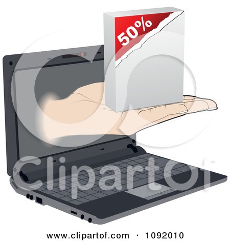Clipart Hand Emerging From A Laptop With A Fifty Percent Off Software Box - Royalty Free Vector Illustration by Andrei Marincas