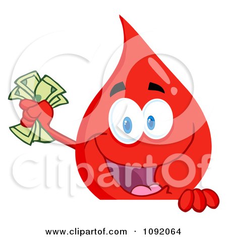 Clipart Blood Guy Waving Cash Over A Blank Sign - Royalty Free Vector Illustration by Hit Toon