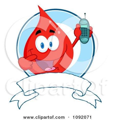 Clipart Blood Guy Holding A Cell Phone Over A Banner - Royalty Free Vector Illustration by Hit Toon