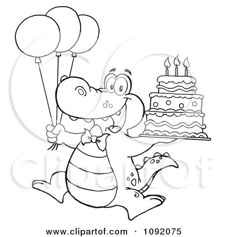 Clipart Outlined Birthday Alligator With Balloons And Cake - Royalty Free Vector Illustration by Hit Toon