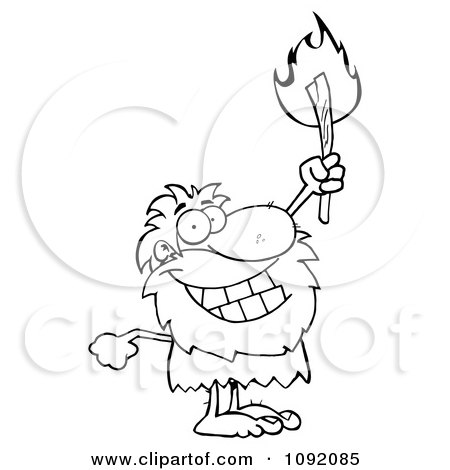 Clipart Outlined Caveman Holding Up A Fiery Torch - Royalty Free Vector Illustration by Hit Toon