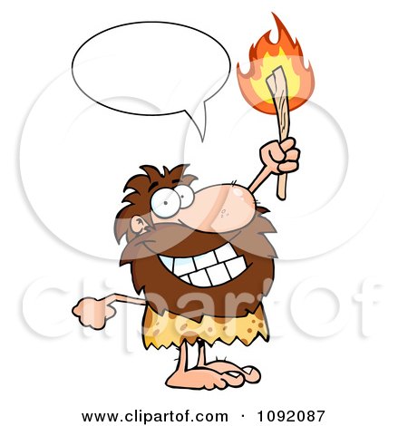 Clipart Talking Caveman Holding Up A Fiery Torch - Royalty Free Vector Illustration by Hit Toon