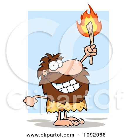 Clipart Proud Caveman Holding Up A Fiery Torch - Royalty Free Vector Illustration by Hit Toon