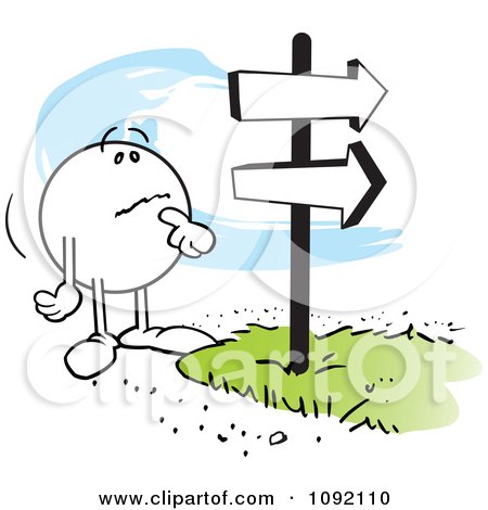 Clipart Moodie Character Looking At Signs At A Fork In The Road - Royalty Free Vector Illustration by Johnny Sajem