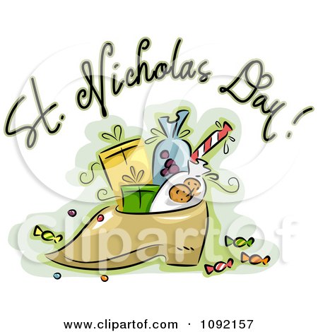Clipart St Nicholas Day Greeting Over A Shoe With Goodies - Royalty Free Vector Illustration by BNP Design Studio